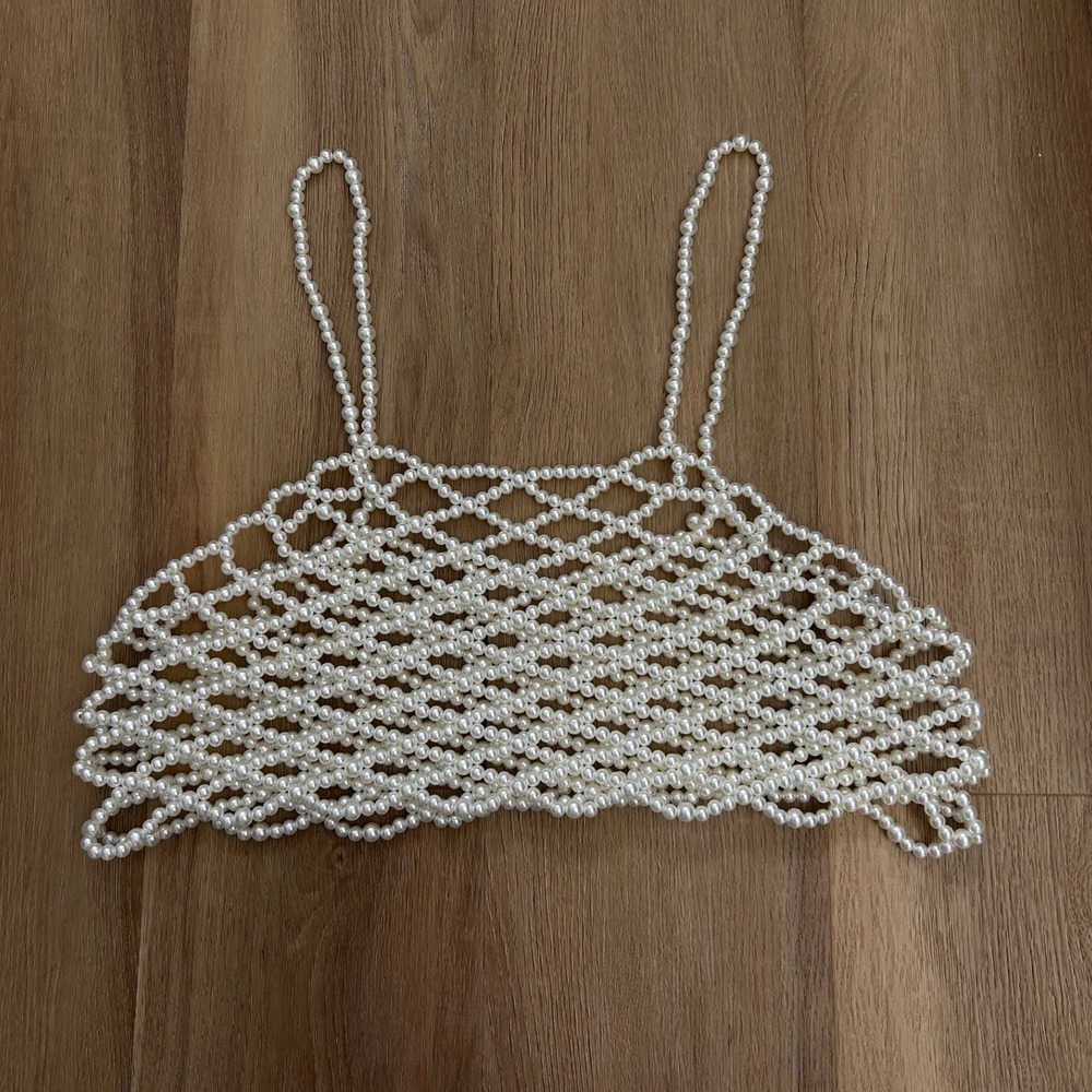 White Faux Pearl Beaded Body Chain Crop Top Festival Mermaidcore‎ Statement S/M